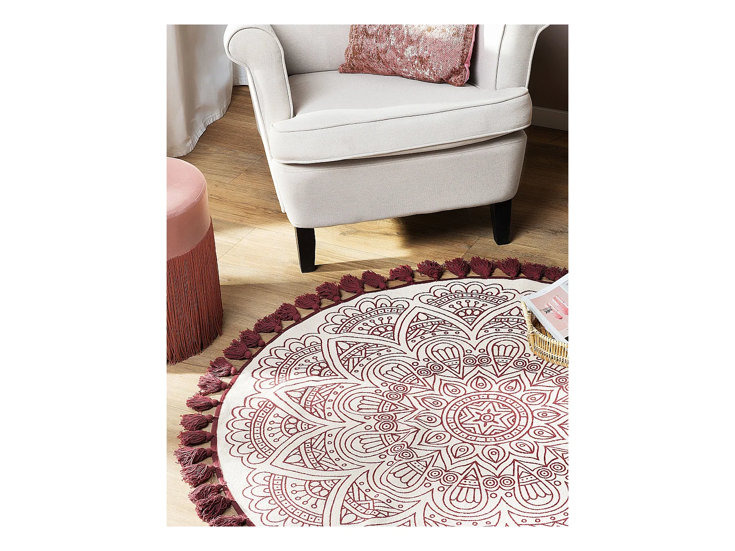 Teppich Baumwolle creme / rot ø 120 cm Mandala-Muster Kurzflor AYAKLI