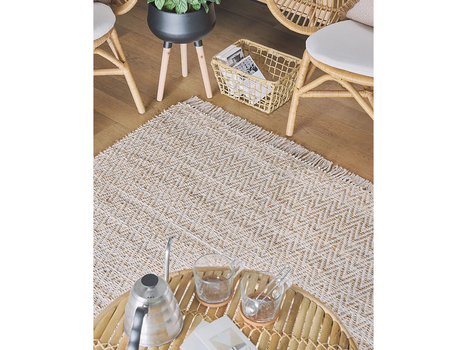 Boho Teppich Jute Baumwolle beige rechteckig 140 x 200 cm Zackenmuster Afrin