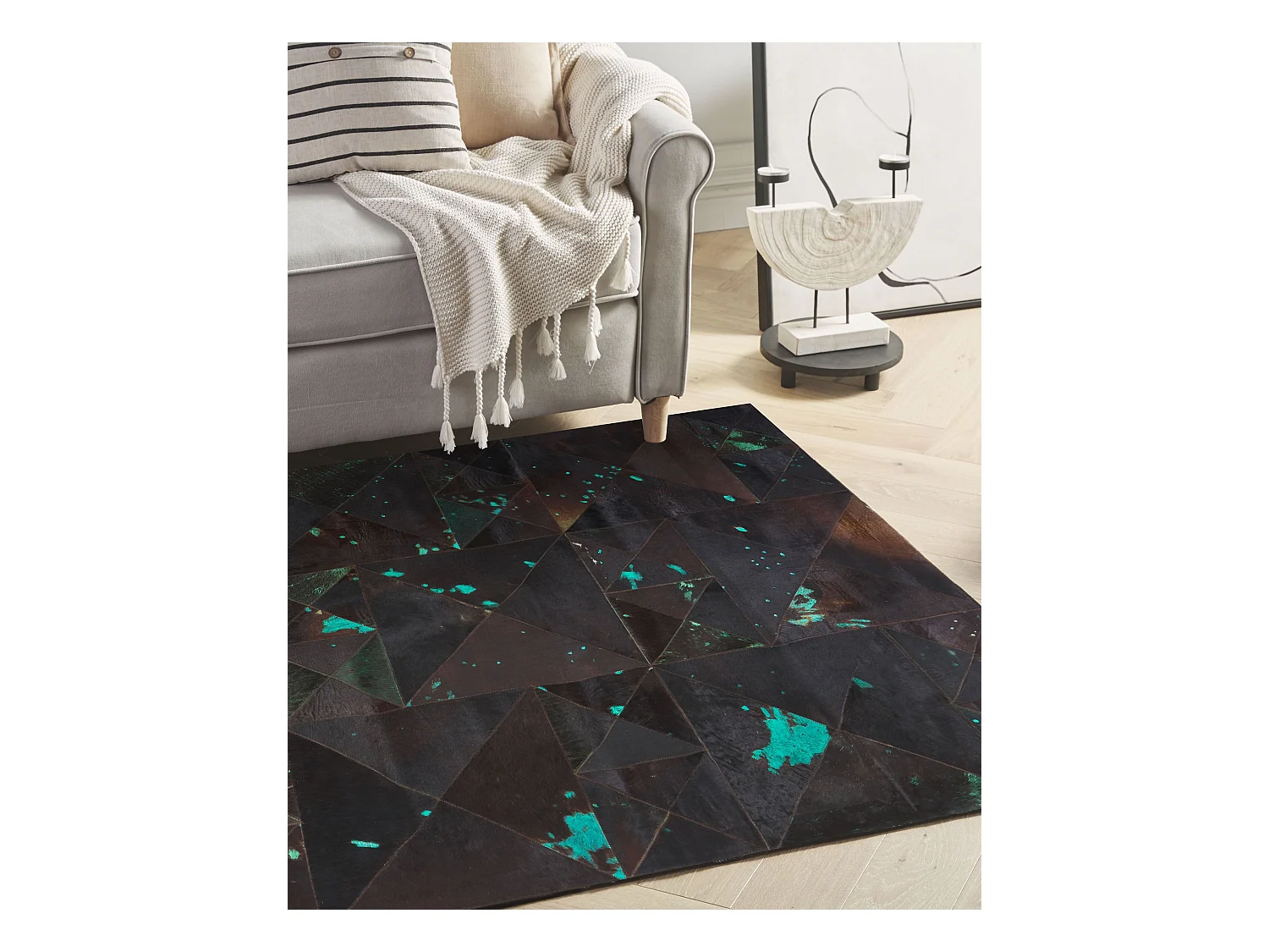 Lederteppich Kuhfell braun / blau rechteckig 160 x 230 cm Patchwork Atalan