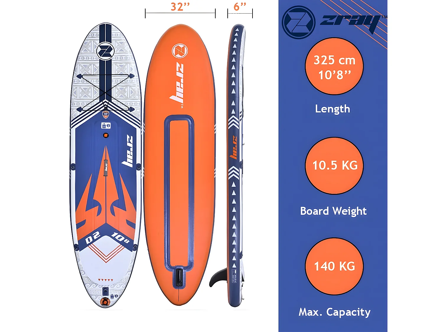 SUP Paddle Aufblasbar Dual 10'8 Zray 325x81x15cm(10'8x32 "x6") - Dropstitch Doppelzimmer - Komplettpaket Max 150kg - 288L