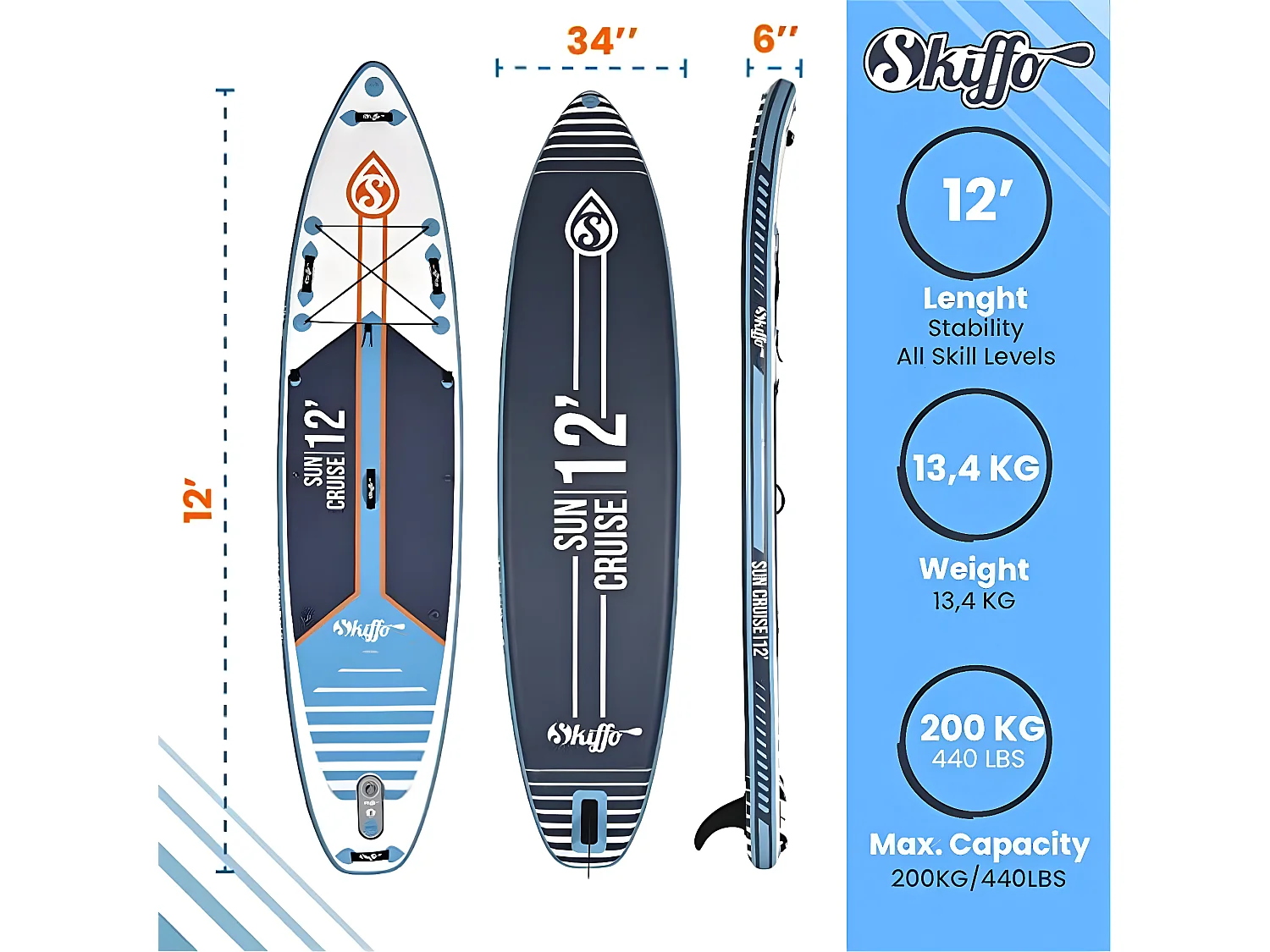 SUP hinchable Sun Cruise 12' Skiffo 365x86x15cm (12'x32''x6'') - Dropstitch Double Layer Fused Full Pack - Stand up paddle