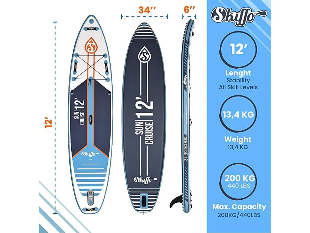 SUP gonflable Sun Cruise 12' Skiffo 365x86x15cm (12'x32''x6'') - Dropstitch Double Couche Fusionné Pack complet - Stand up paddl