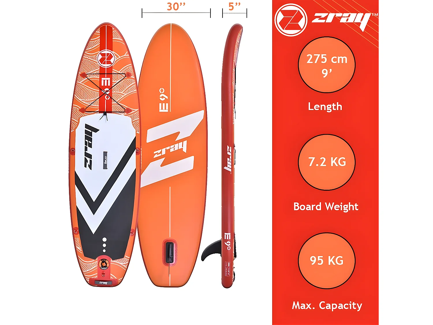 SUP Paddle Aufblasbar Evasion 9' 275x76x13cm (9'x30''x5'') - Max 95kg - Rot Zray - Pack Paddel Pumpe Transporttasche - Max 95kg -194L-