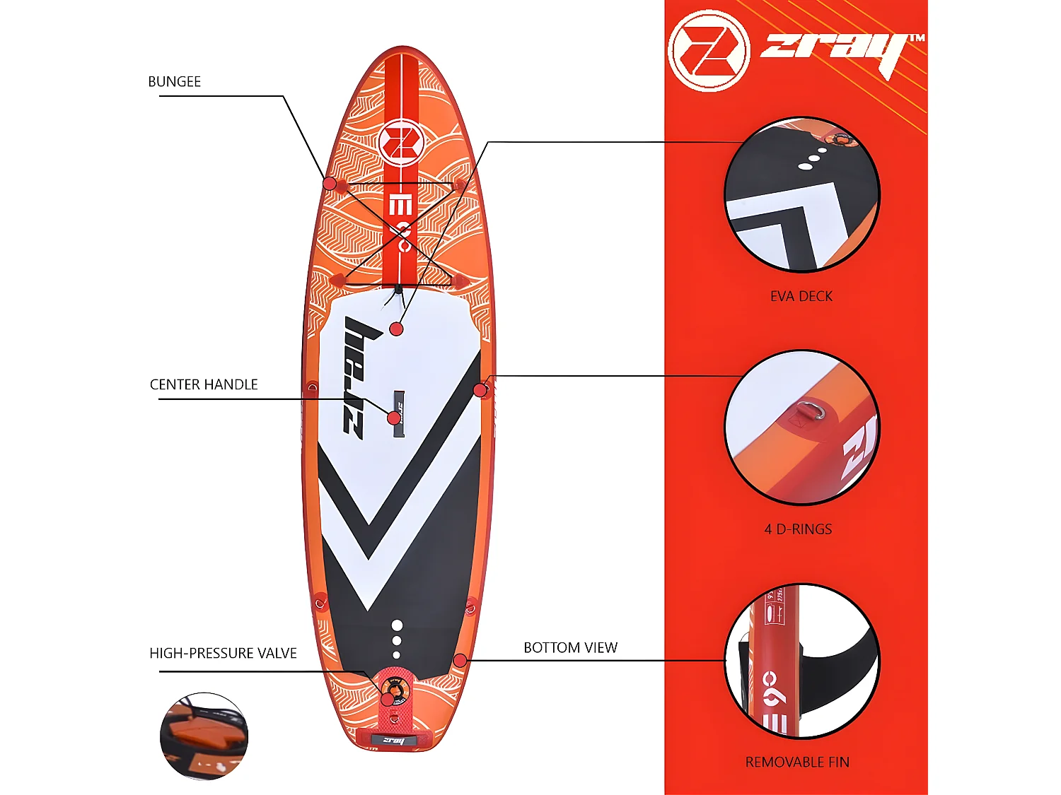 SUP Paddle Aufblasbar Evasion 9' 275x76x13cm (9'x30''x5'') - Max 95kg - Rot Zray - Pack Paddel Pumpe Transporttasche - Max 95kg -194L-