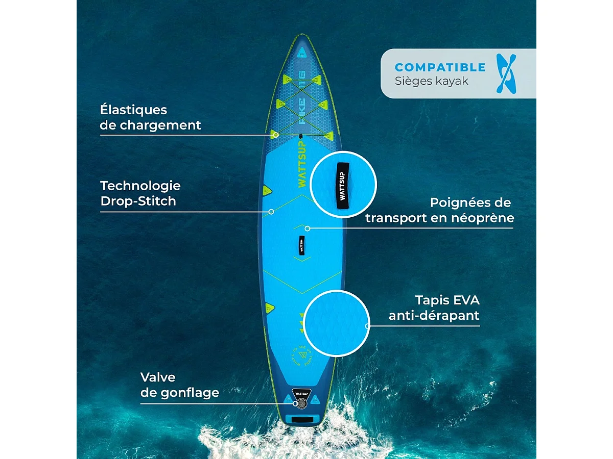 SUP Paddle Hinchable WattSUP Blue Pike 11'6 Pack completo + Asiento + Pala 2en1 Dropstitch Max 150 kg - 350x84x15cm