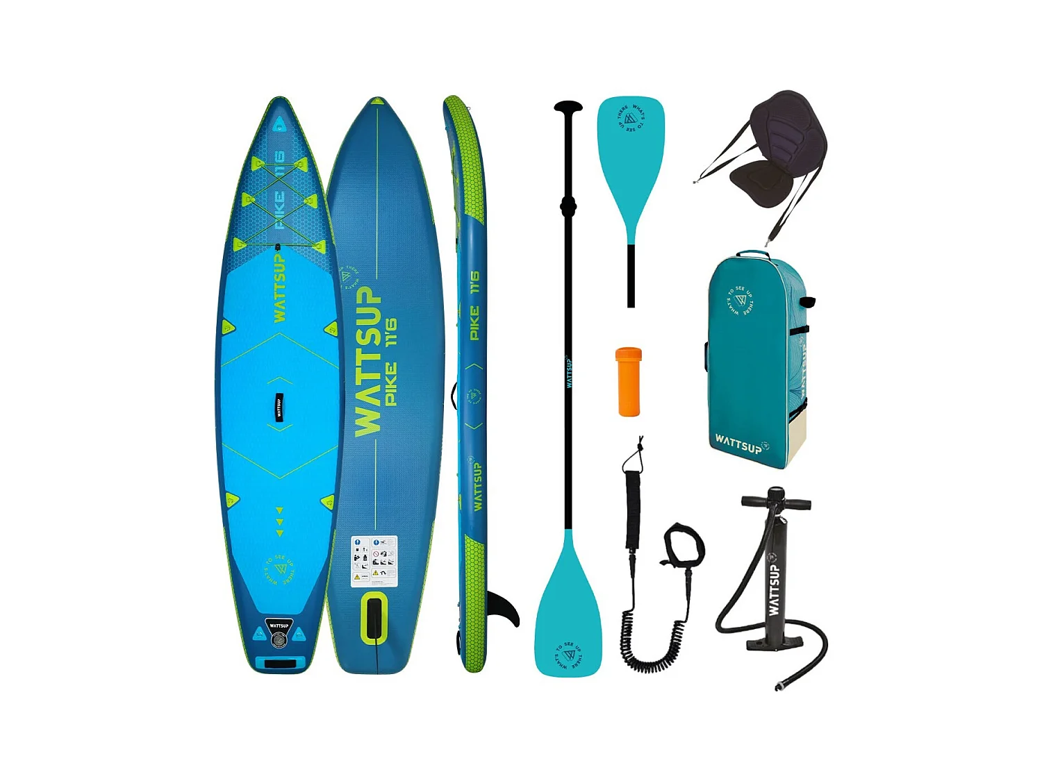 SUP Paddle aufblasbar WattSUP Blau Pike 11'6 Full Pack + Sitz + Paddel 2in1 Dropstitch Max 150 kg - 350x84x15cm