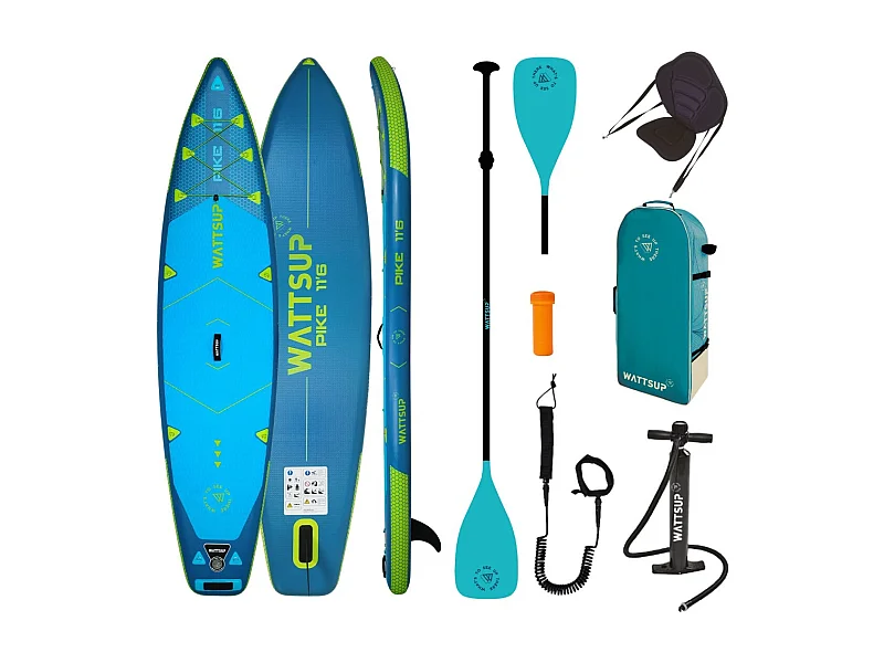 SUP Paddle aufblasbar WattSUP Blau Pike 11'6 Full Pack + Sitz + Paddel 2in1 Dropstitch Max 150 kg - 350x84x15cm