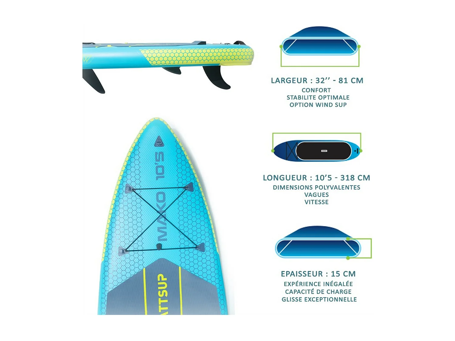 SUP Mako Wattsup Dropstitch - 318x81x15 cm (10'5" x 32" x 6") - Pacote completo - Max 115kg