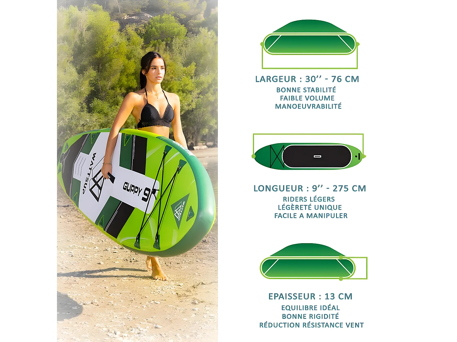SUP Paddle Gonflable Vert Guppy 9' Wattsup Dropstitch Pack complet - Jusqu'à 80kg - 175l - 275x76x13cm (9'x30''x5'')