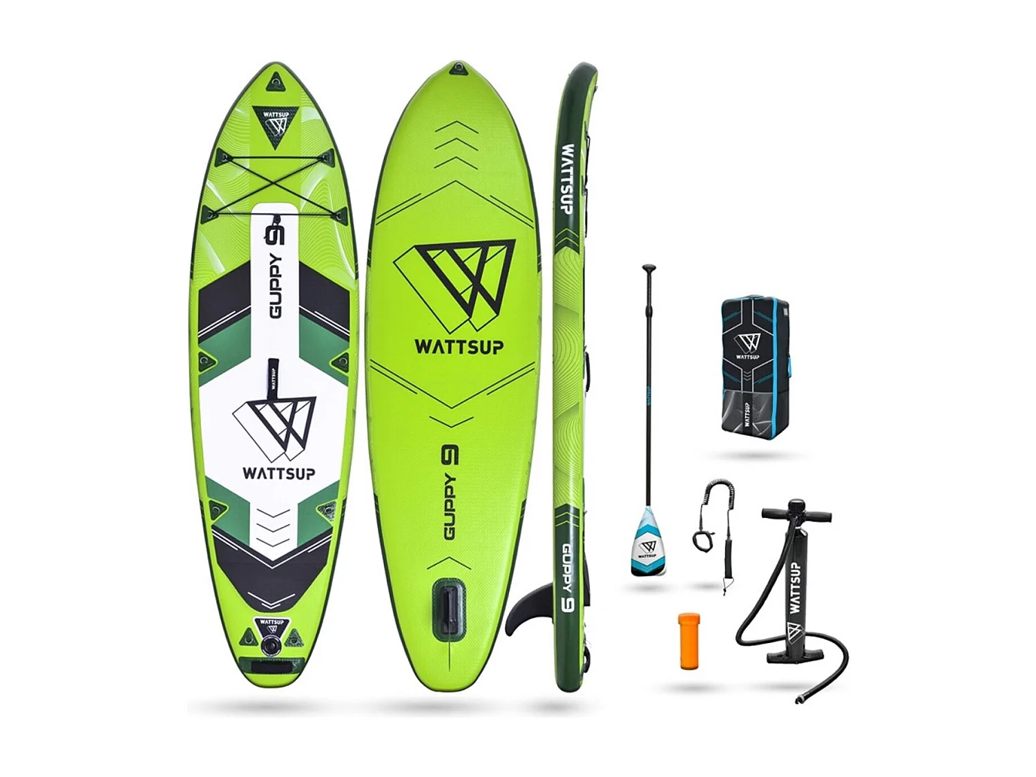 SUP Paddle Gonflable Vert Guppy 9' Wattsup Dropstitch Pack complet - Jusqu'à 80kg - 175l - 275x76x13cm (9'x30''x5'')