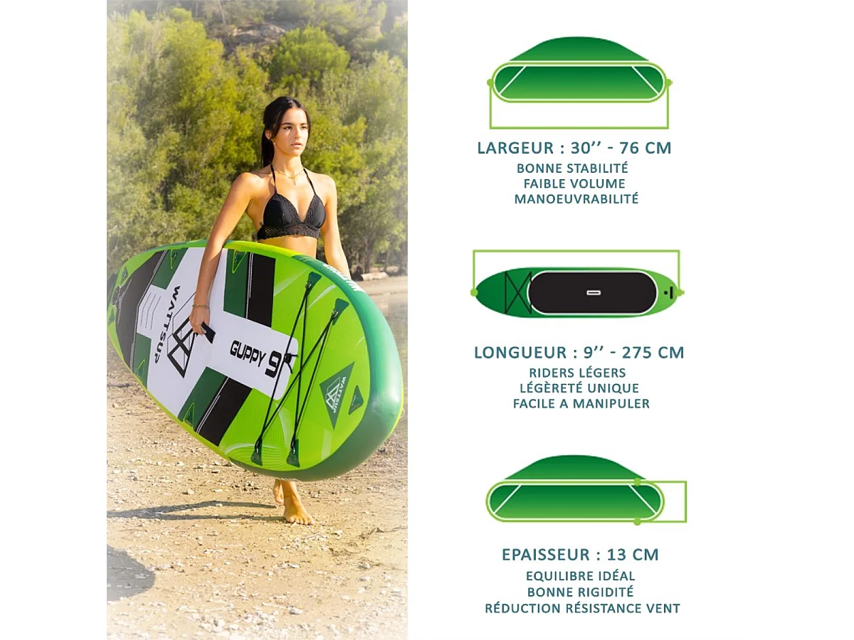 SUP Paddle Gonflable Vert Guppy 9' Wattsup Dropstitch Pack complet - Jusqu'à 80kg - 175l - 275x76x13cm (9'x30''x5'')