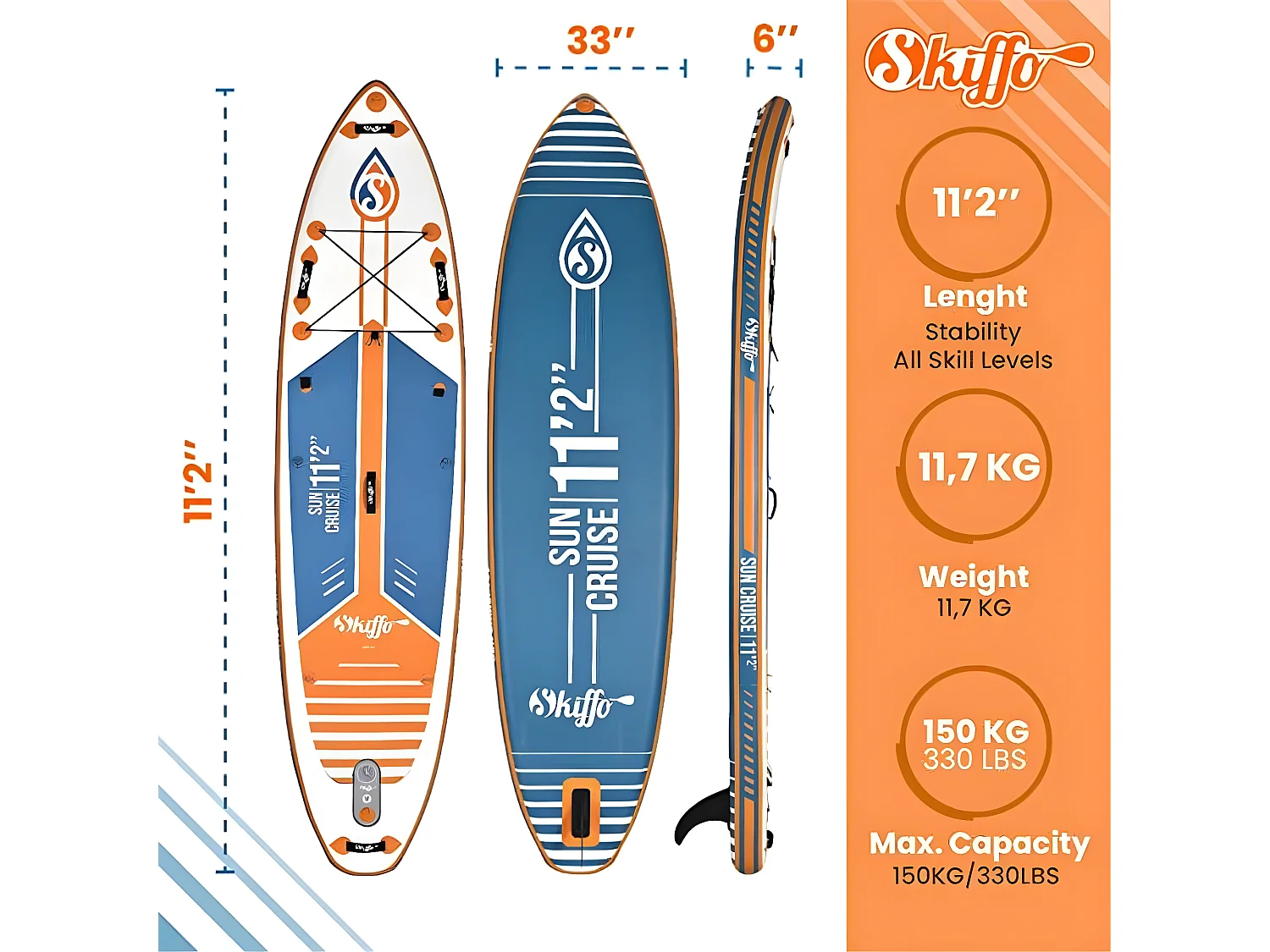 Stand Up Paddle Gonflable Sun Cruise 11'2 Skiffo 340x84x15cm (11'2"x33"x6") - Dropstitch Double Couche Fusionné Pack complet