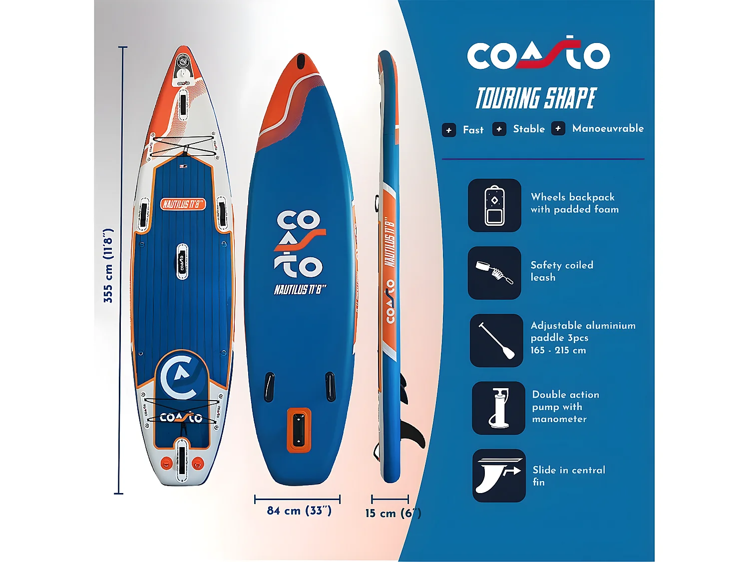 SUP Paddle Inflatable Touring Nautilus Coasto 355x86x15cm (11'8x34 x6) Dropstitch Double Layer Fusion Pack Complete  - Collection 2021