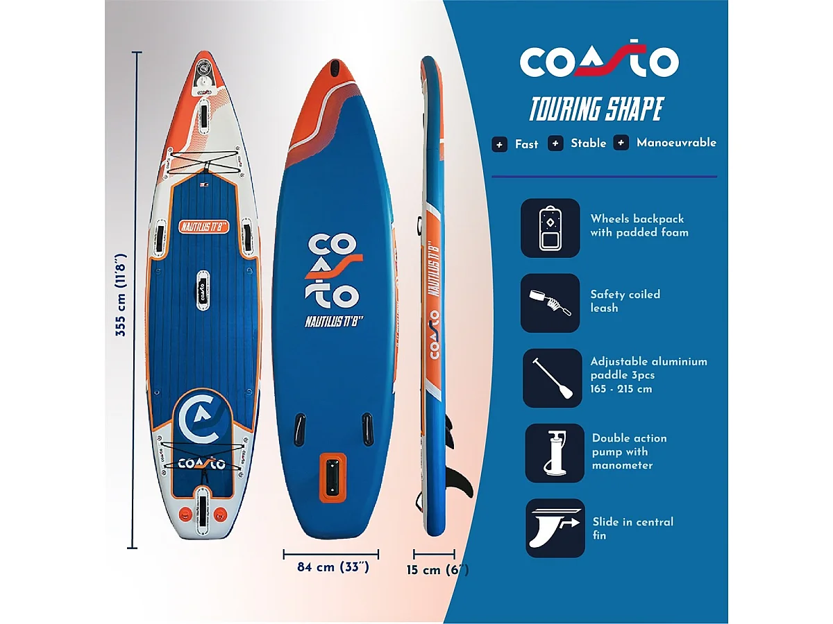 SUP Paddle Inflatable Touring Nautilus Coasto 355x86x15cm (11'8x34 x6) Dropstitch Double Layer Fusion Pack Complete  - Collection 2021