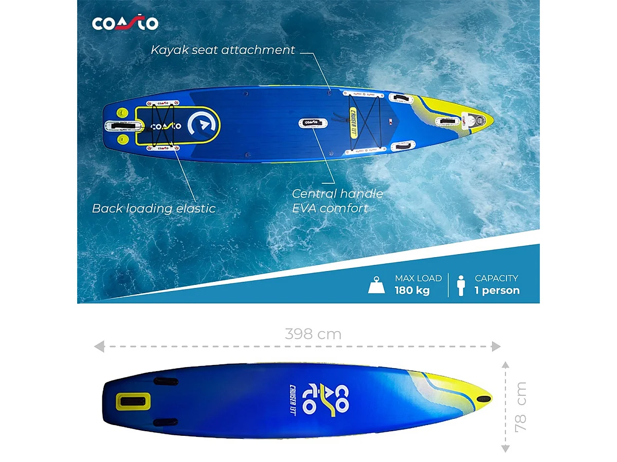 SUP Paddle Inflatable Cruiser 13'1 - 398x78x15cm Dropstitch Double Layer Fused Pack Paddel Leash Pumpe Transporttasche - Collection 2021