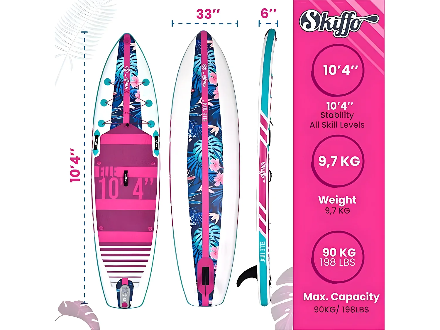 SUP Paddle Gonflable Elle Skiffo 10'4 - 315x79x13cm(10'4"x31"x5") Dropstitch Stringer - Pack complet - Jusqu'à 105kg - 236l