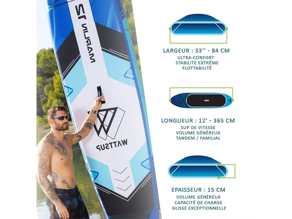 Pagaia SUP gonfiabile Marlin 12' Wattsup 365x81x15cm (12'x33 "x6") - Blu - Cucitura a goccia - Confezione completa - Fino a 150kg- 349L