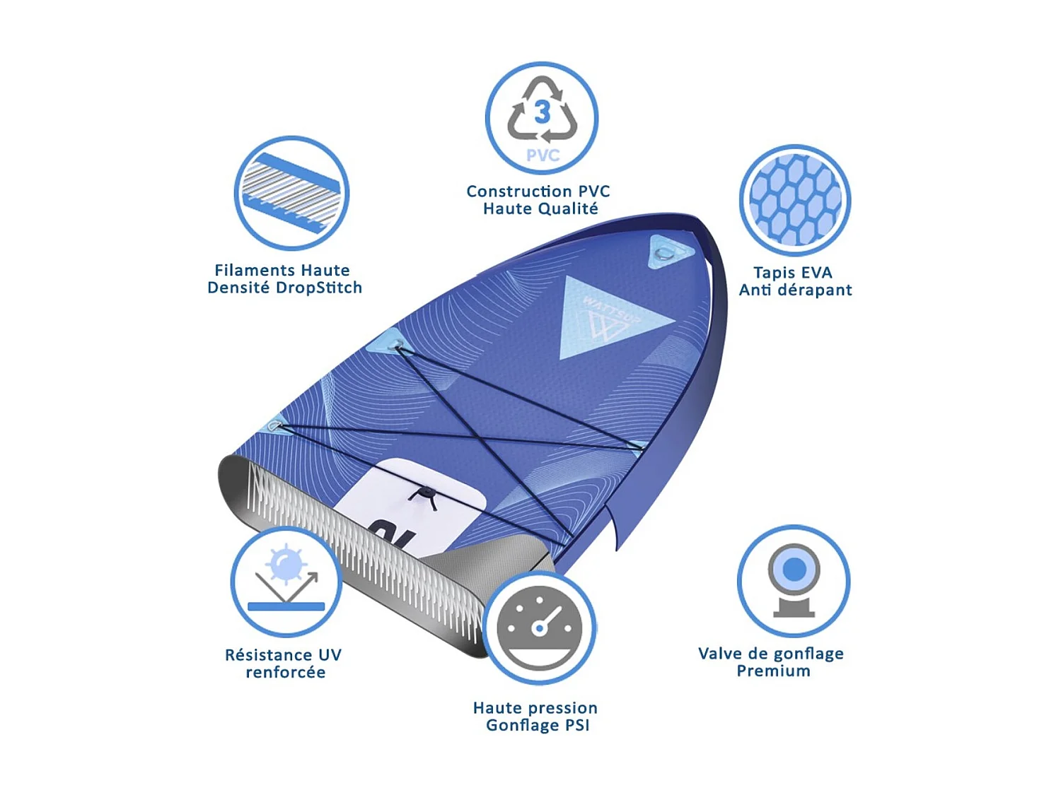 SUP Paddle Gonflable Marlin 12' Wattsup 365x81x15cm (12'x33"x6") - Bleu - Dropstitch - Pack complet - Jusqu'à 150kg- 349L