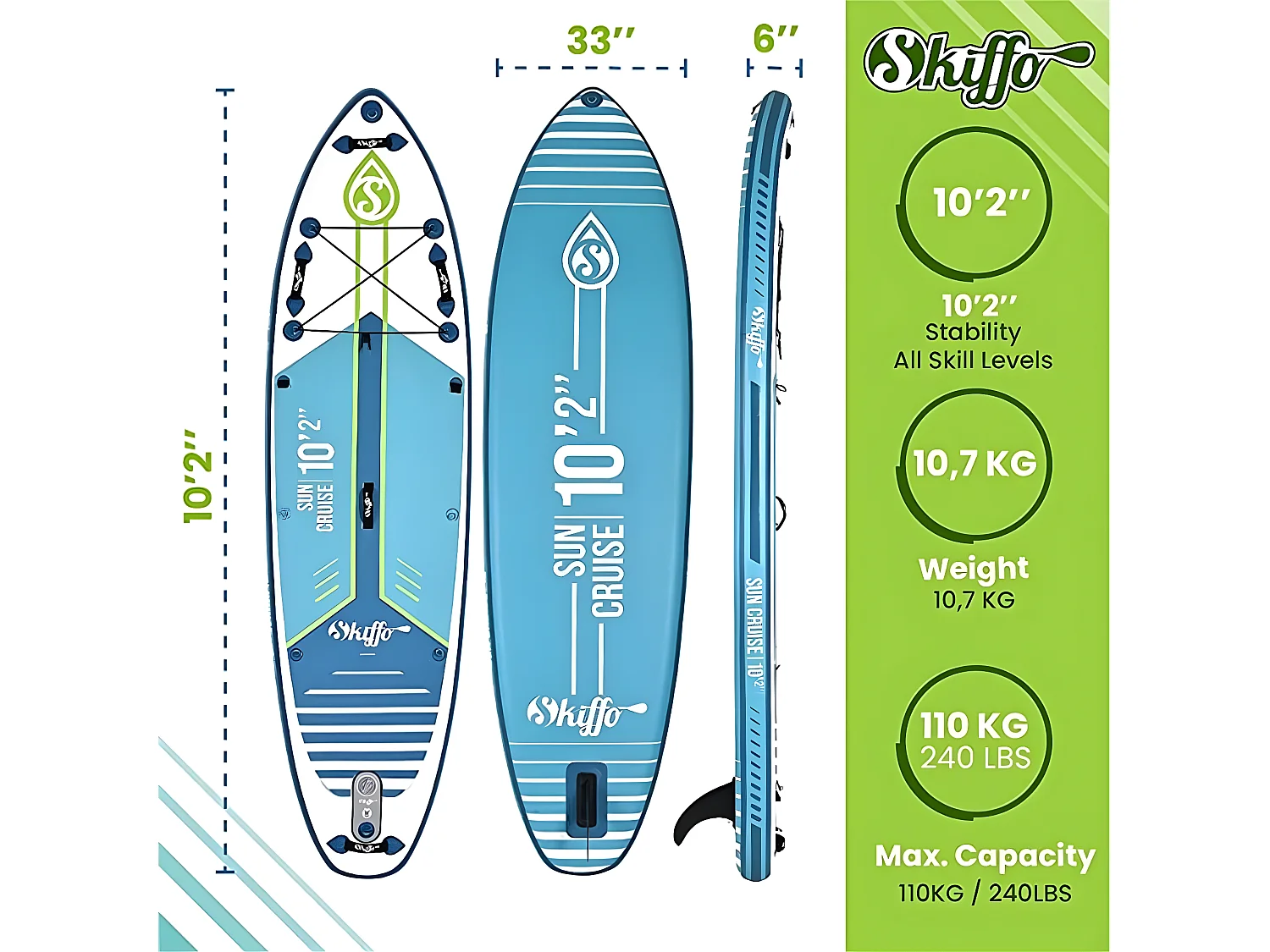 Stand Up Paddle Gonflable Sun Cruise 10'2 - 310x84x15cm (10"2'x33"x6") Skiffo - Dropstitch Double Couche Fusionné Pack complet