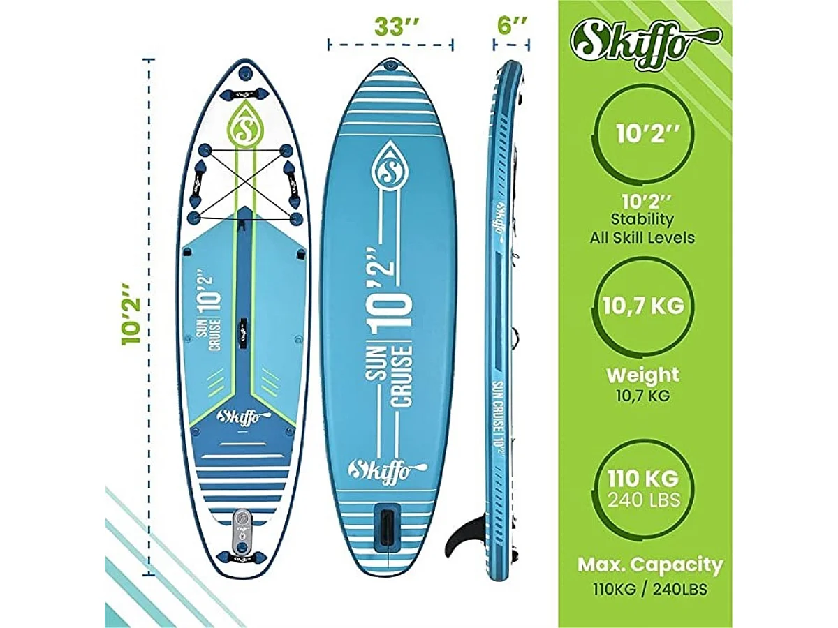 Stand Up Paddle Gonflable Sun Cruise 10'2 - 310x84x15cm (10"2'x33"x6") Skiffo - Dropstitch Double Couche Fusionné Pack complet