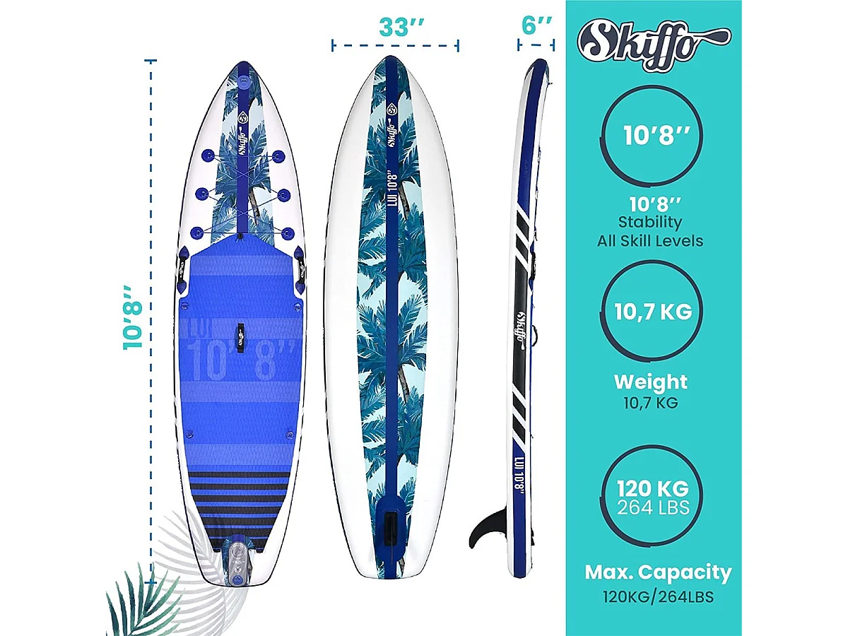 SUP Paddle gonfiabile Lui 10'8 325x84x15cm(10'8x33 "x6") - MAX 120kg - 294L - Skiffo Dropstitch Stringer - Pacchetto completo -
