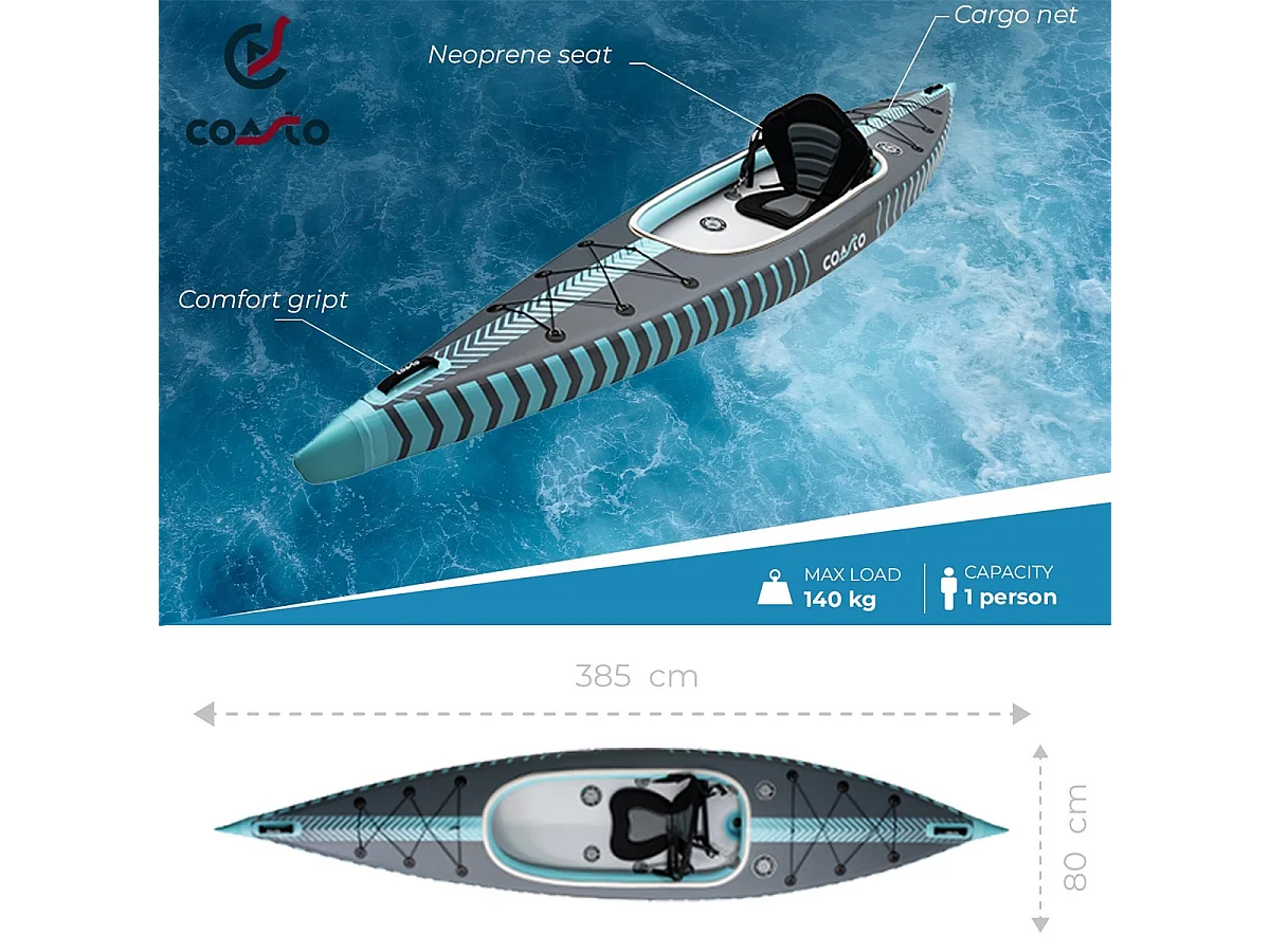 Coasto Kayak Gonflable Capitole Premium 1 Place - Dropstitch Haute Pression 385x81cm - Charge 140kg