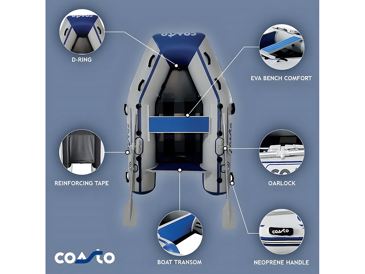 Annexe gonflable Slat 200 Coasto - 200x130 cm 2+1 personne - Plancher Latte Carbone - 2 Pagaies 1 Pompe 1 sac de Transport  - 20