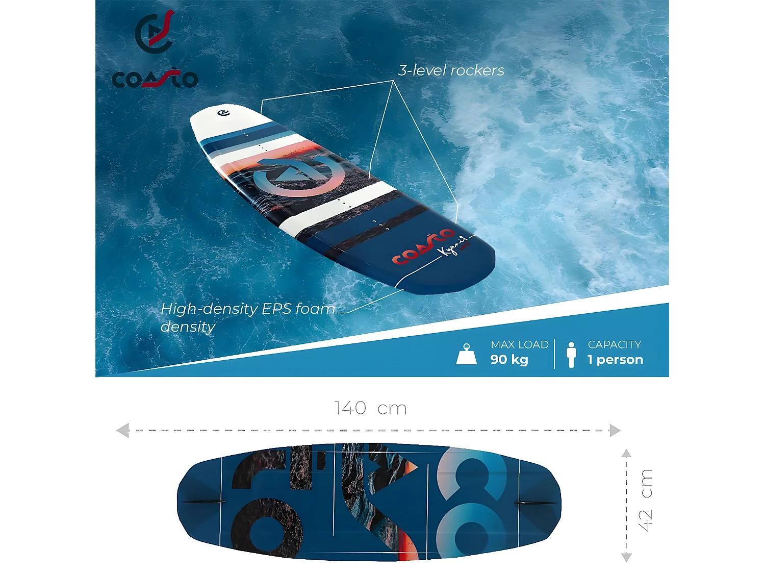 Wakeboard Coasto Kyanit 140 - Rocker 3 Étages MAX 90kg - Léger, Confortable, et Pratique - COASTO - PB-CWKBKYANIT