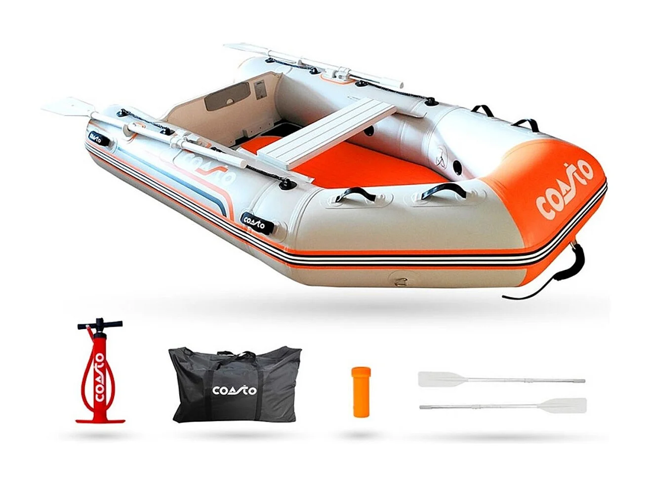 Bote inflable Coasto 230x130 cm - 3 plazas - Punto de gota de alta presión - 2 remos 1 bomba 1 bolsa de transporte - Hinchable 2,30m gris claro / naranja