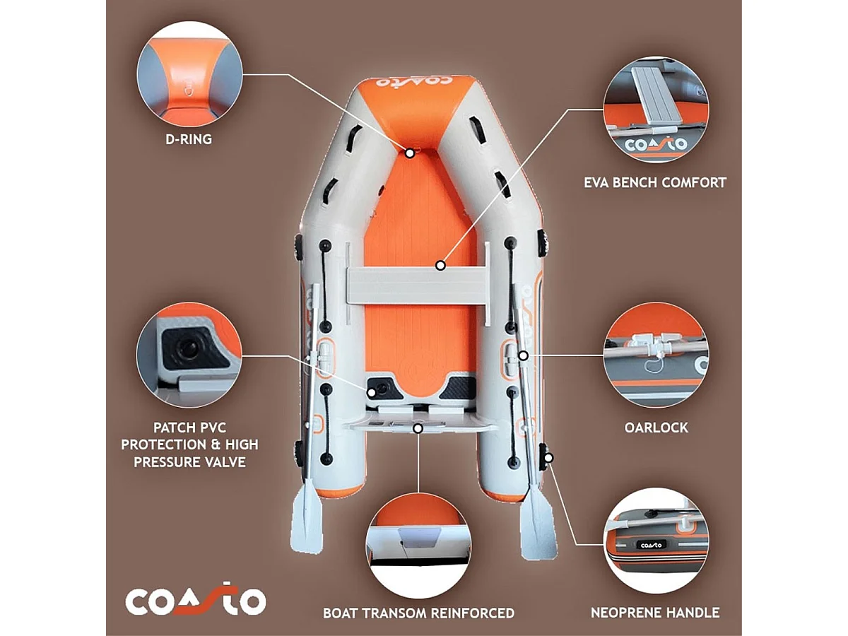 Bote inflable Coasto 230x130 cm - 3 plazas - Punto de gota de alta presión - 2 remos 1 bomba 1 bolsa de transporte - Hinchable 2,30m gris claro / naranja