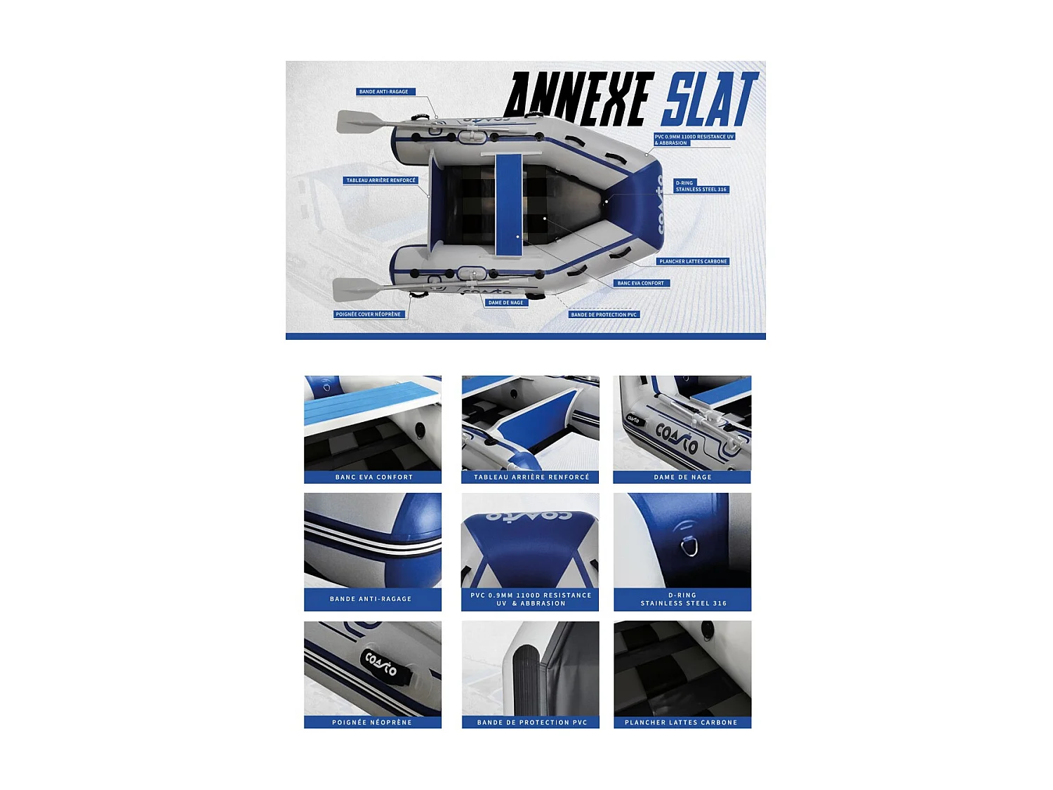 Annexe gonflable Slat 230 Coasto 3 Places - 230x130cm Plancher Latte Carbone - 2 Pagaies 1 Pompe 1 sac de Transport -