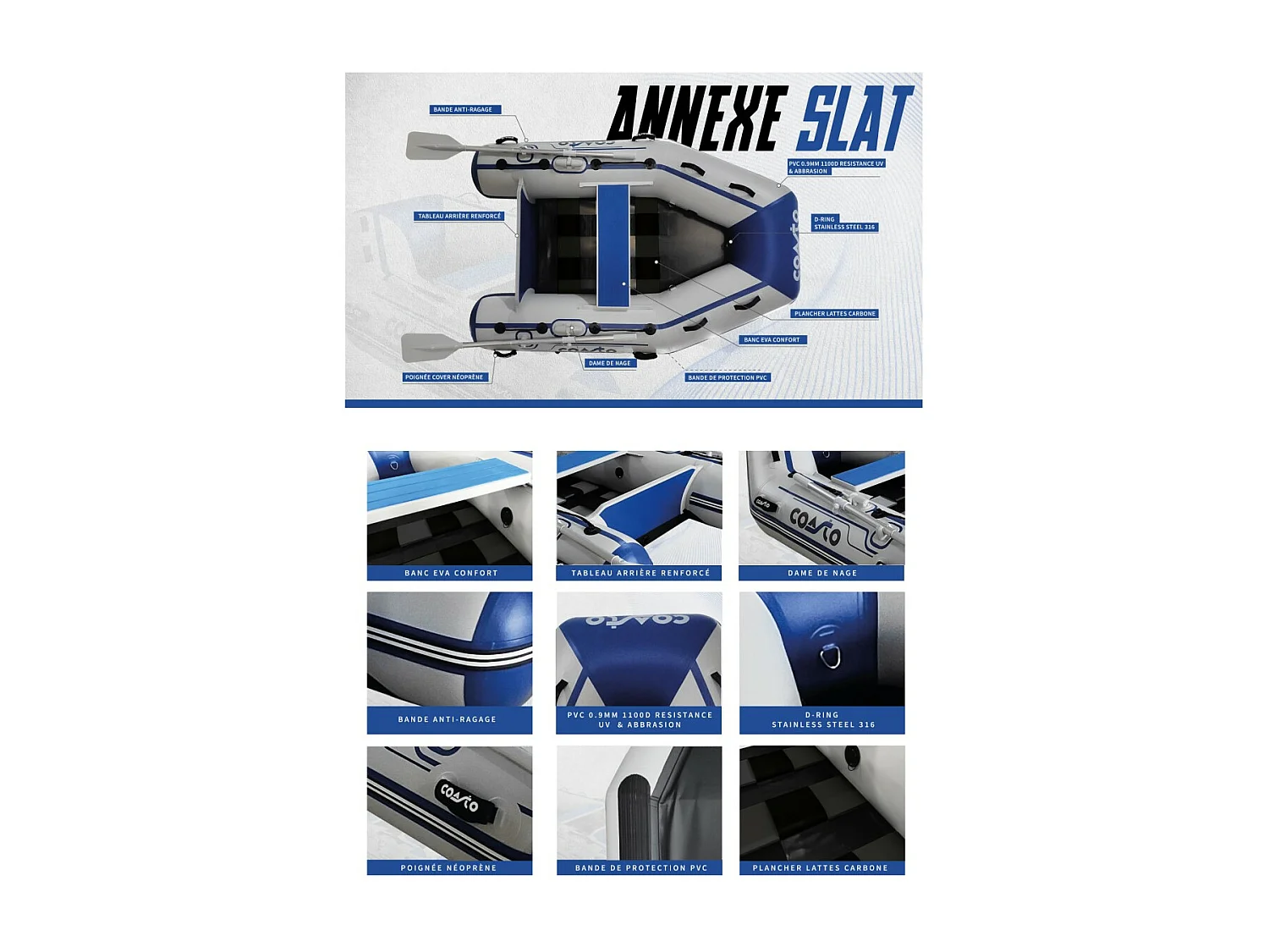 Annexe gonflable Slat 230 Coasto 3 Places - 230x130cm Plancher Latte Carbone - 2 Pagaies 1 Pompe 1 sac de Transport -