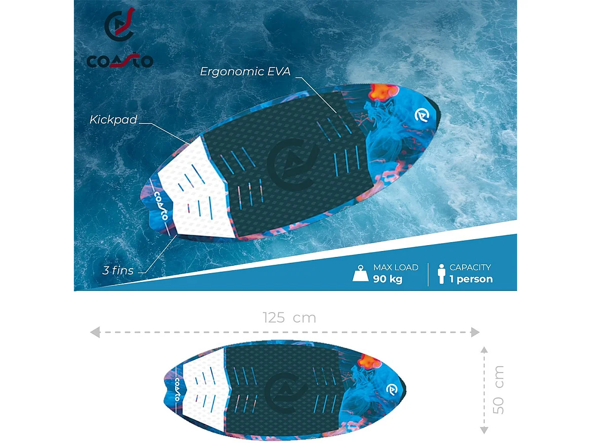 Wakesurf Coasto Opal 125x50 cm - Rocker : 6 cm - 3 Flossen MAX 90kg Leicht, komfortabel und praktisch -PB-CWKSOPAL