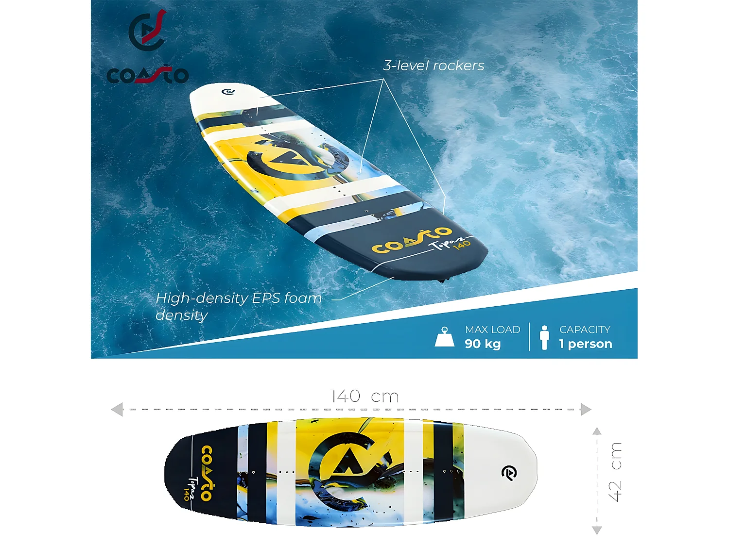 Wakeboard Coasto Topaz 140 - Rocker 3 Étages - MAX 80kg - Léger, Confortable, et Pratique - PB-CWKBTOPAZ
