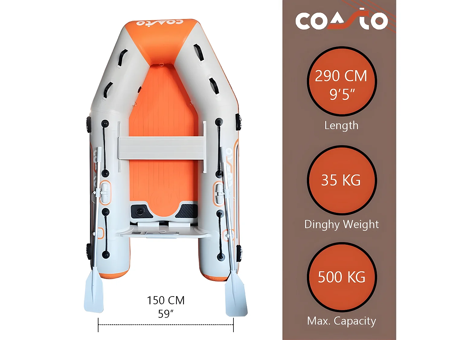 Aufblasbares Beiboot DS 290 Coasto - 4 Sitzer - 290x140cm - Hochdruck-Dropstitch - 2 Paddel 1 Pumpe 1 Transporttasche -.