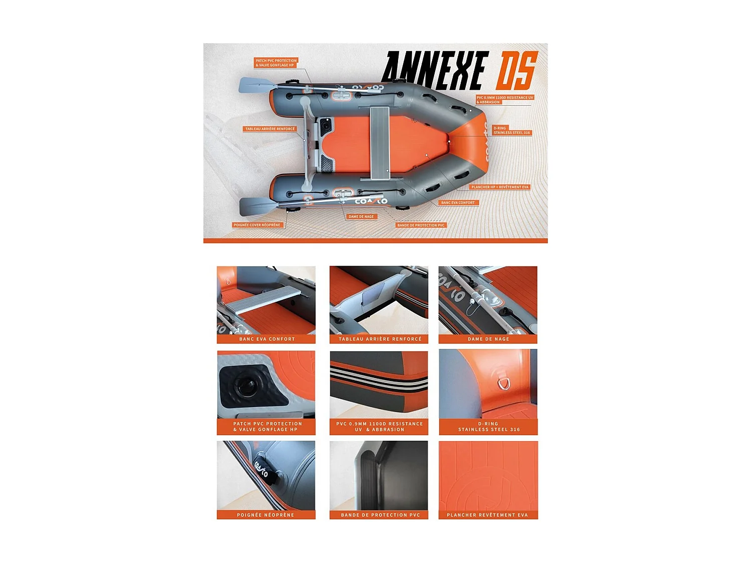 Annexe gonflable DS 290 Coasto -  4 Places -  290x140cm - Dropstitch Haute Pression - 2 Pagaies 1 Pompe 1 Sac de Transport -