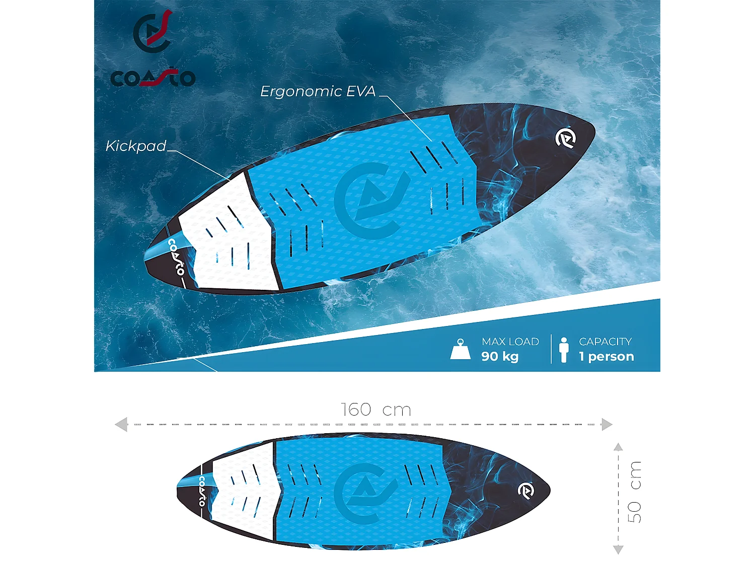 Wakesurf Coasto Onyx - 160 x 50cm - Rocker 6 cm - 3 ailerons - MAX 90kg - Léger, Confortable, et Pratique - PB-CWKSONYX