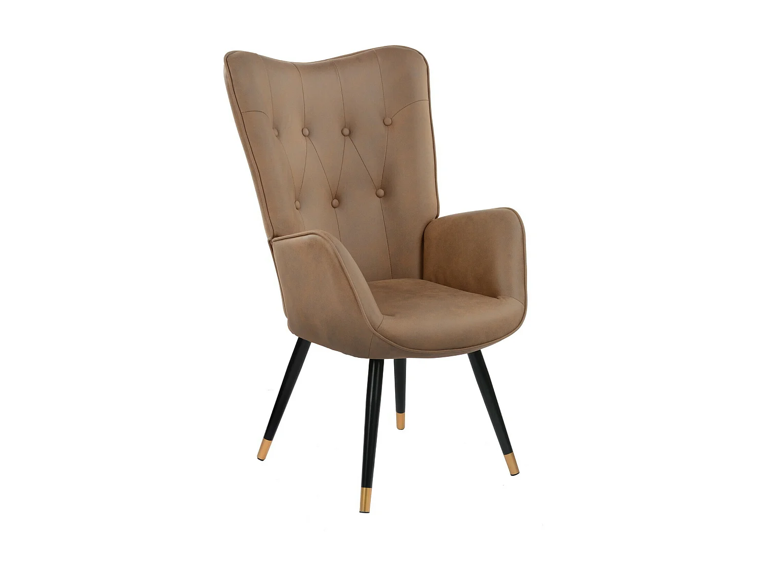 Fauteuil scandinave capitonné en tissu vintage rétro pieds points dorés KAS FABRIC BROWN BLACK GOLD LEG