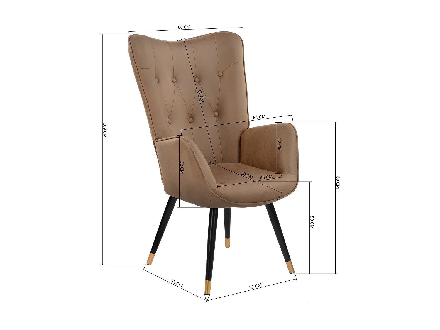 Fauteuil scandinave capitonné en tissu vintage rétro pieds points dorés KAS FABRIC BROWN BLACK GOLD LEG
