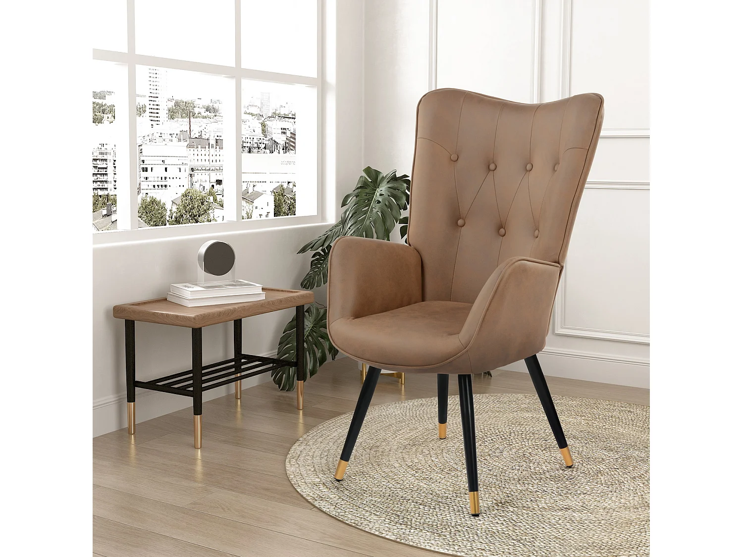 Fauteuil scandinave capitonné en tissu vintage rétro pieds points dorés KAS FABRIC BROWN BLACK GOLD LEG