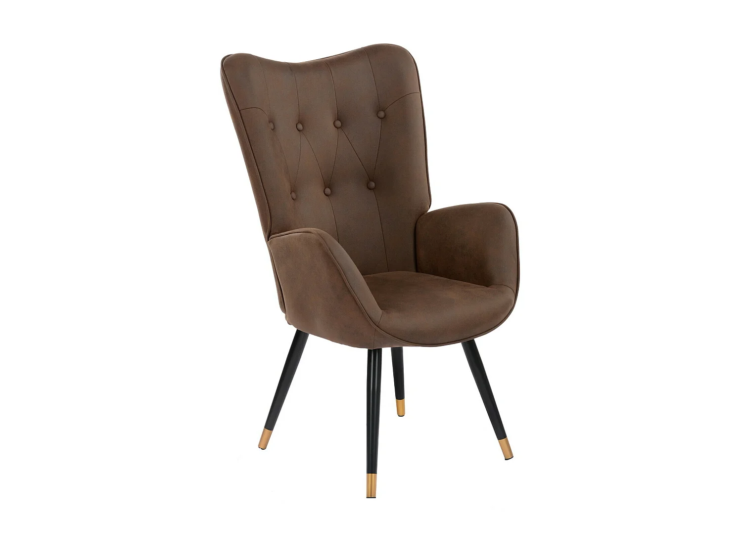 Fauteuil scandinave capitonné en tissu vintage rétro marron foncé pieds points dorés KAS FABRIC DARK BROWN BLACK GOLD LEG
