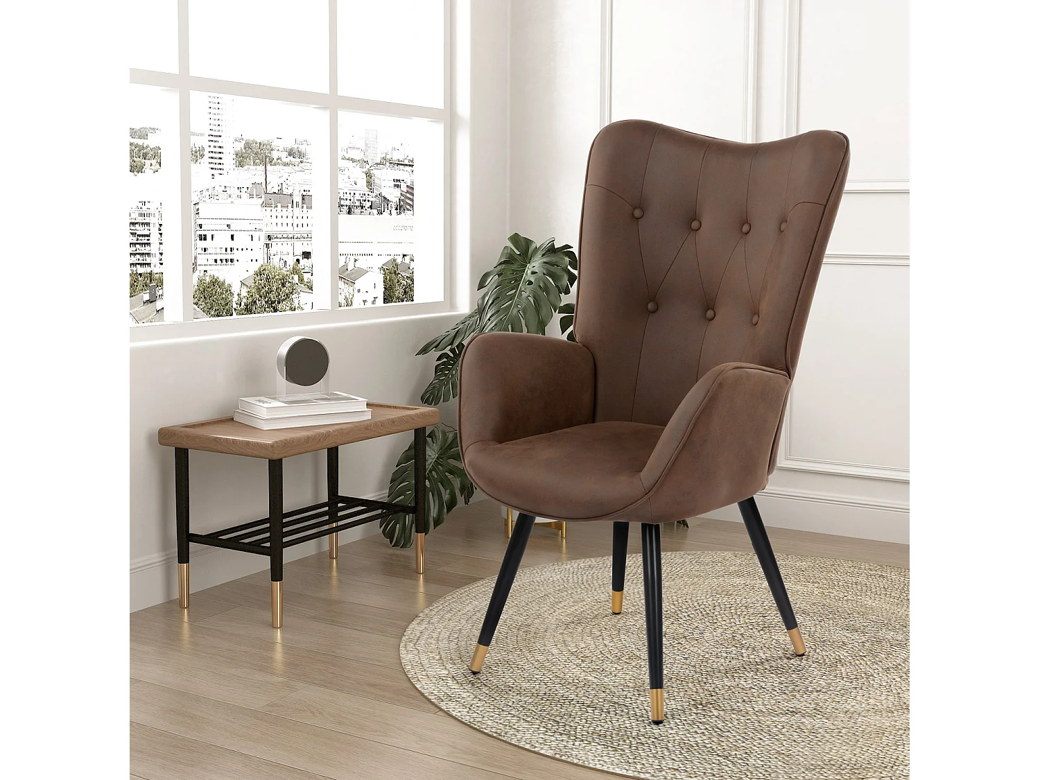 Fauteuil scandinave capitonné en tissu vintage rétro marron foncé pieds points dorés KAS FABRIC DARK BROWN BLACK GOLD LEG