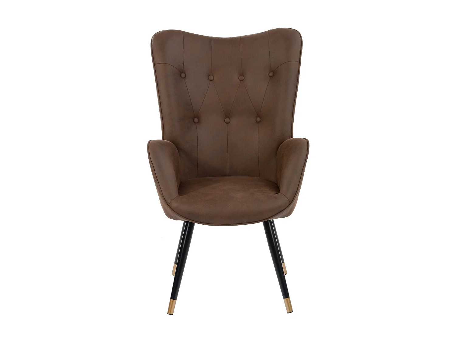 Fauteuil scandinave capitonné en tissu vintage rétro marron foncé pieds points dorés KAS FABRIC DARK BROWN BLACK GOLD LEG