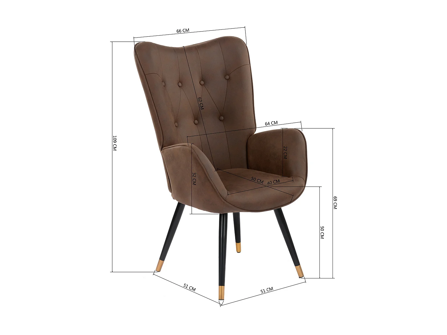 Fauteuil scandinave capitonné en tissu vintage rétro marron foncé pieds points dorés KAS FABRIC DARK BROWN BLACK GOLD LEG