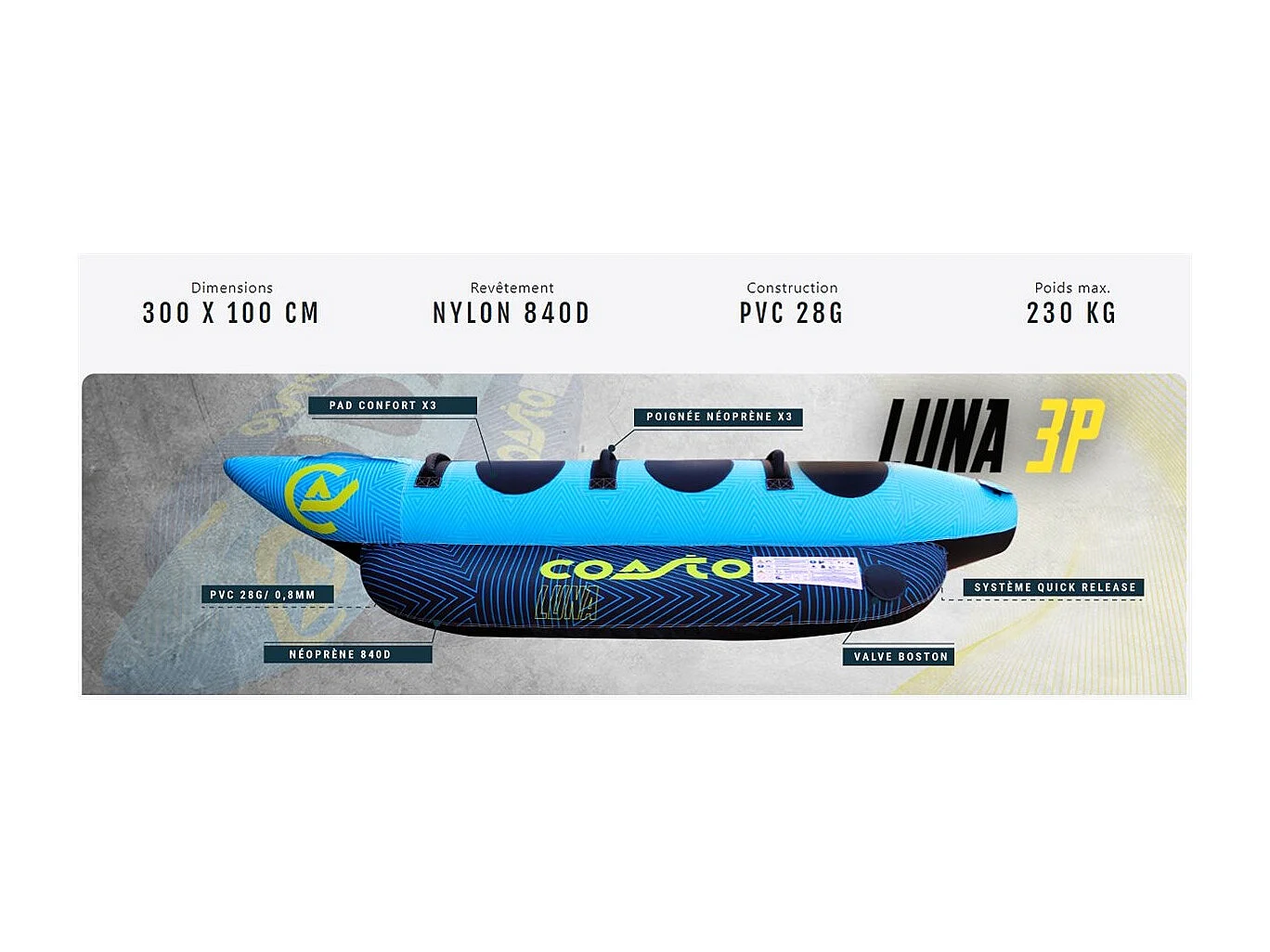 Bouée tractée Coasto Luna - 300x100cm - 3 poignées Néoprène - Charge max.230 kg - Nylon 840 D - PVC 28G - 3 Places