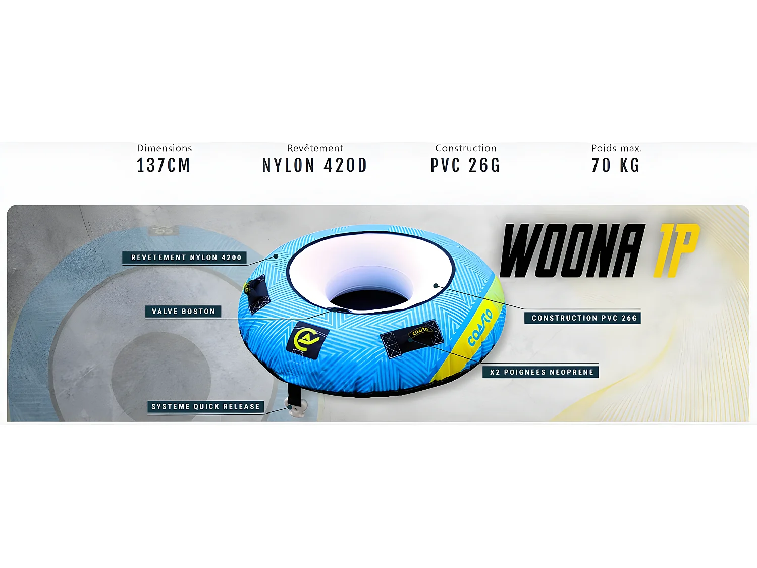 Boa trainata Coasto Woona - 137 cm - Carico massimo 70 kg - 2 maniglie in neoprene - Nylon 420 D - Costruzione in PVC 26G - 1 posto
