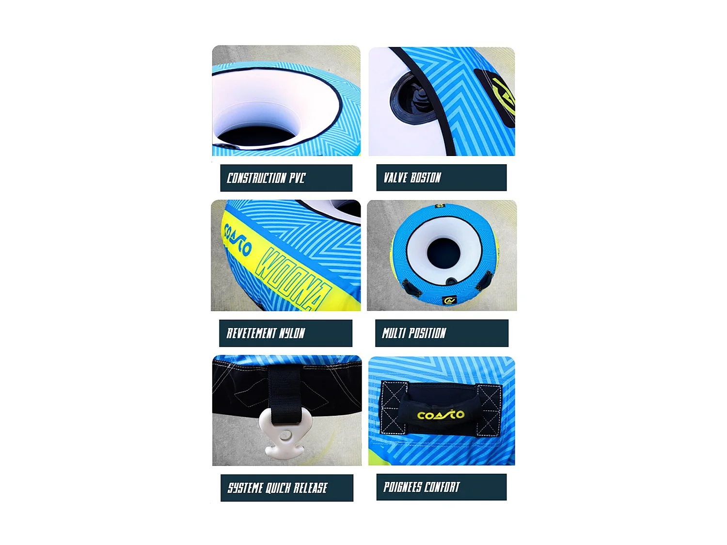 Bouée tractée Coasto Woona - 137 cm - Charge max.70 kg - 2 poignées Néoprène - Nylon 420 D - Construction PVC 26G - 1 Place