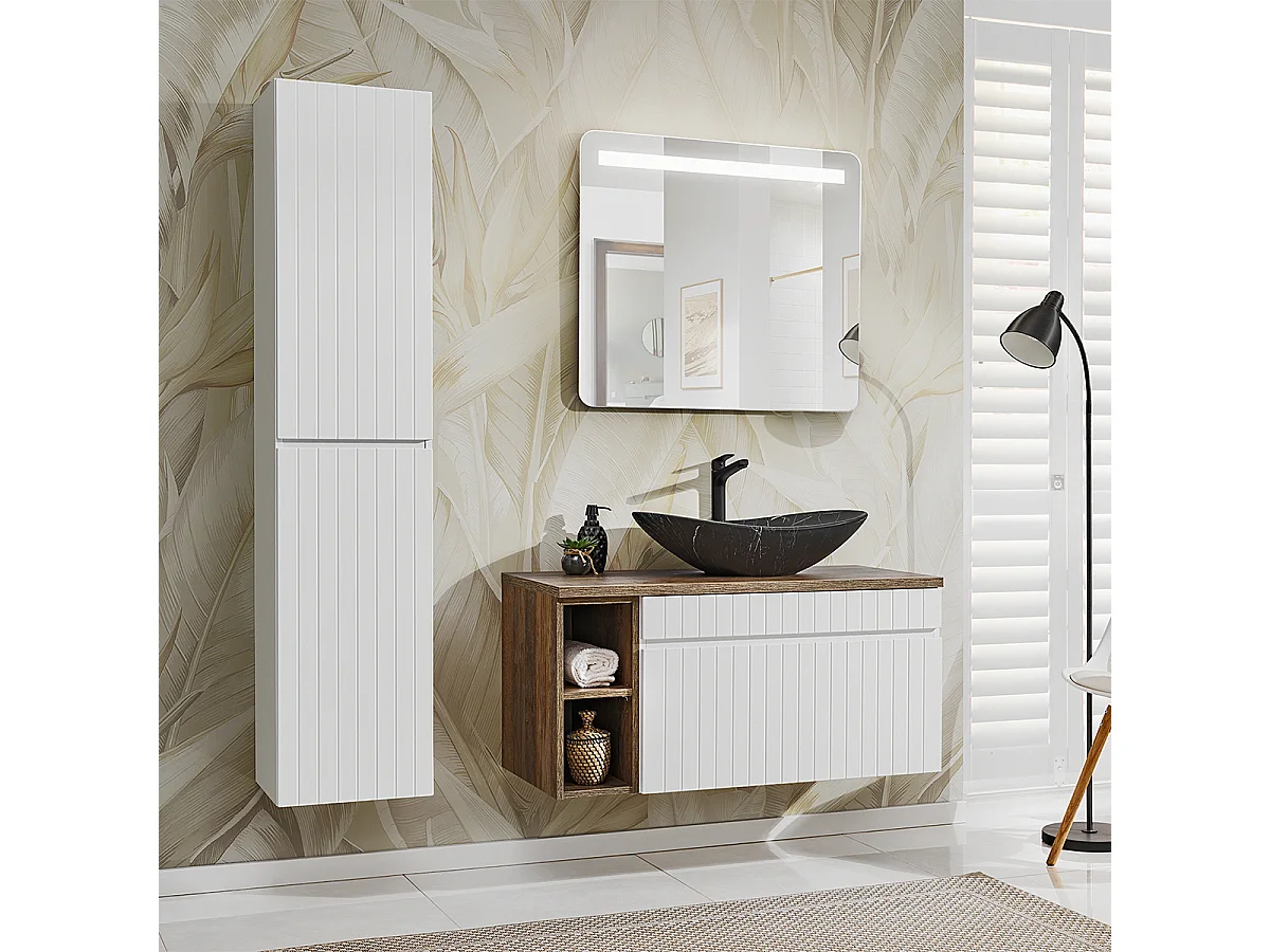 Ensemble meuble simple vasque 100cm 2 niches et colonne Zelie Blanc Bois et Noir