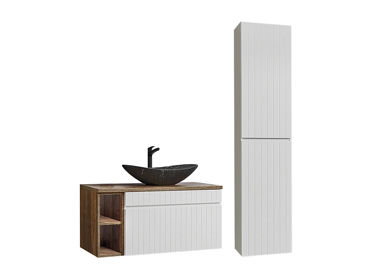 Ensemble meuble simple vasque 100cm 2 niches et colonne Zelie Blanc Bois et Noir