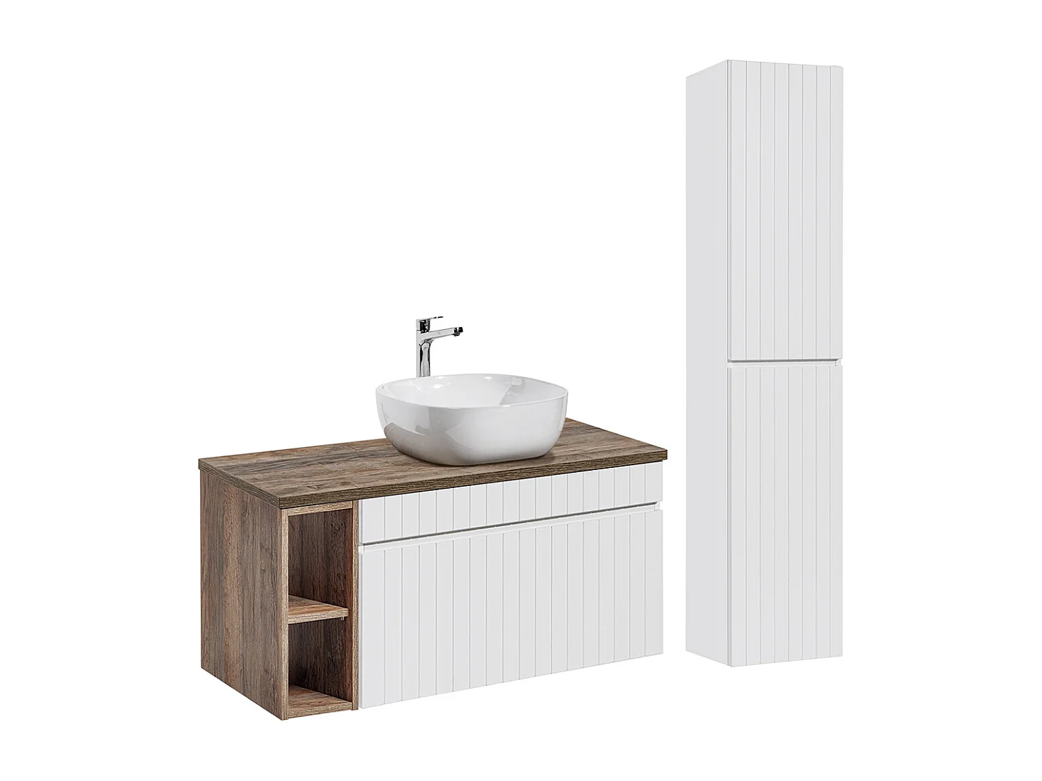 Ensemble meuble simple vasque 100cm 2 niches et colonne Zelie Blanc et Bois